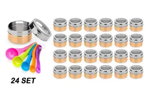 Stainless Steel Magnetic Spice Jars – Bonus Measuring Spoon Set – Airtight Kitchen Storage Containers – Stack on Fridge to Save Counter & Cupboard Space – 24pc Organizers in Gold