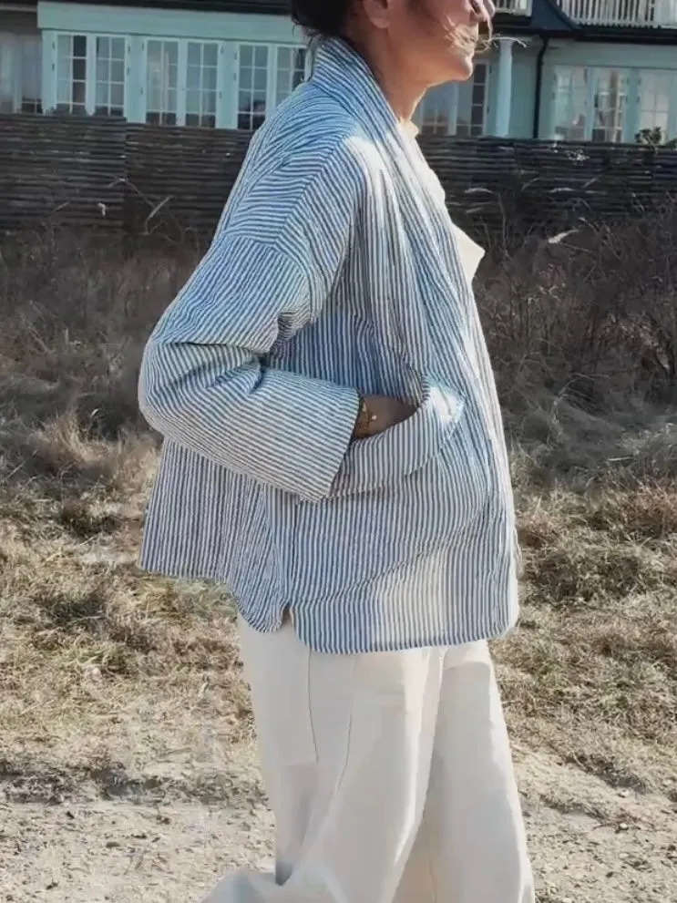 STRIPED QUILTED JACKET - BLUE/OFF WHITE