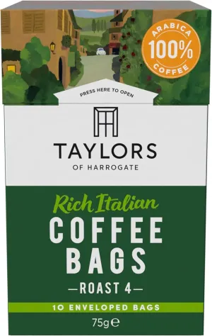 Taylors of Harrogate Rich Italian Coffee Bags, "Roast 4", 10 Enveloped Bags best before 10/25